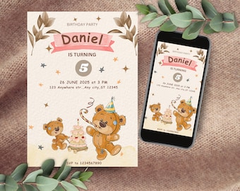 May include: A birthday party invitation featuring a watercolor design with teddy bears, stars, and the text "Daniel is turning 5". The invitation includes the date, time, and location. A smartphone displays the same design.
