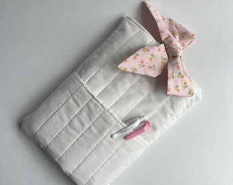 Quilted Bow Book Sleeve/Protector | White and Pink Floral