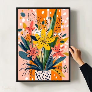 Jarrón floral abstracto, arte de pared, pintura floral retro colorida, estilo vintage, estampado botánico, póster de jarrón de flores, decoración caprichosa de lunares para el hogar