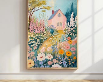 Cottage Garden Print Flower Garden Painting Colorful Landscape Painting Whimsical Spring Garden Art Bright Vibrant Floral Landscape Scenery