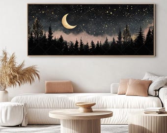 Night Sky Framed Canvas Artwork Dark Forest Moon and Stars Wall Art Midnight Moon Poster Modern Living Room Above Sofa Decor Bedroom Decor
