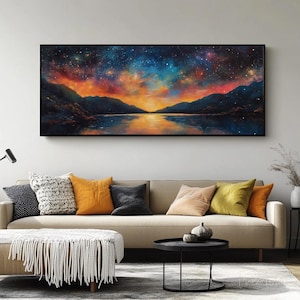 Framed Starry Sky Wall Art Night Sky with Stars and Clouds Oil Painting Print Canvas Cosmic Landscape Framed Decor for Bedroom Living Room