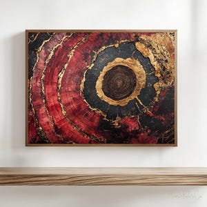 Stampa su tela con cornice "Anello d'albero", stampa astratta su lamina d'oro, stampa con venature del legno rustico, decorazione contemporanea