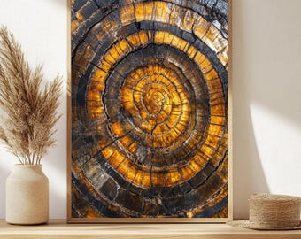 Abstracte boomring kunstprint, goud en zwarte houtnerf