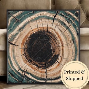 May include: Square framed artwork featuring a detailed cross-section of a tree trunk. The artwork showcases concentric rings in shades of black, brown, beige, and teal. The image has a circular design with cracks radiating outwards.