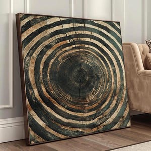 May include: Square framed wall art featuring a detailed cross-section of a tree trunk. The artwork showcases concentric rings in shades of black, brown, and white, creating a natural, textured appearance. The frame is a dark brown color.