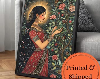 Indian Woman in Saree Framed Print Indian Princess Wall Art Traditional Indian Painting Vintage Indian Home Decor Mughal Botanical Print