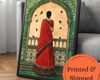 Indian Woman in Saree Framed Art Print Jaipur Palace Archway Artwork Traditional Indian Wall Art Indian Home Decor Cultural Framed Canvas