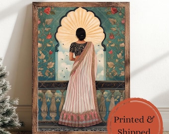 Indian Woman in Saree Framed Art Print Jaipur Palace Archway Artwork Traditional Indian Wall Art Indian Home Decor Cultural Framed Canvas