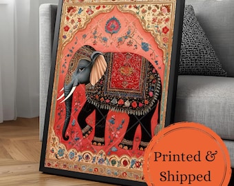 Royal Indian Elephant Wall Art Mughal Style Elephant Painting Vintage Indian Folk Art Boho Oriental Decor Intricate Floral Artwork