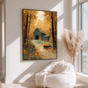 Rustic Autumn Barn Wall Art Fall Pumpkin Farmhouse Print Harvest Season Landscape Poster Cozy Country Home Decor Pumpkin Patch Fall Decor