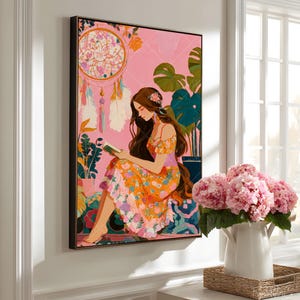Boho Girl Reading Wall Art Bright Reading Nook Decor Reading Woman Framed Canvas Print Whimsical Book Lover Poster Cozy Feminine Aesthetic