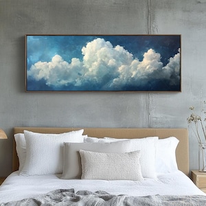 Minimal Cloud Wall Art Blue Sky Framed Canvas Calm Sky Painting Serene White Clouds on Navy Background Modern Home Office Bedroom Decor