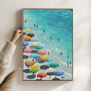 Colorful Beach Framed Coastal Canvas Print Summer Ocean Scene People on Shoreline Vacation Seaside Decor Coastal Beach Scene Umbrella Print