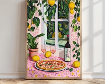 Lienzo enmarcado con impresión mediterránea colorida para pared de cocina, bodegón de pizza con limones y plantas en maceta, decoración de comedor estilo Matisse.