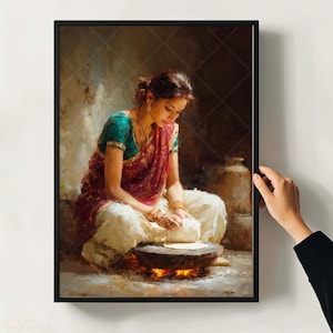 Indian Woman Portrait Framed Canvas Art Traditional Vintage Indian Kitchen Dining Room Decor Elegant Ethnic Wall Art Indian Restaurant Decor