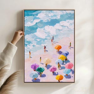 Colorful Beach Framed Coastal Canvas Print Summer Ocean Scene People on Shoreline Vacation Seaside Decor Coastal Beach Scene Umbrella Print