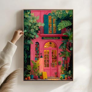 Pink Bookstore Wall Art Botanical Bookshop Canvas Print Retro Bookstore Surrounded by Plants Bookish Art Reading Nook Decor Library Print