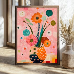 Jarrón floral abstracto, arte de pared, pintura floral retro colorida, estilo vintage, estampado botánico, póster de jarrón de flores, decoración caprichosa de lunares para el hogar