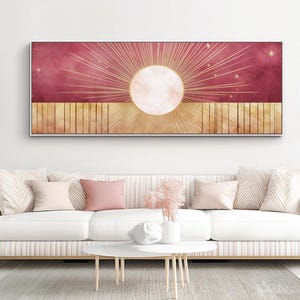 Impresión en lienzo con marco de sol, sol dorado con rayos radiantes, impresión en lienzo celestial, lienzo grande enmarcado horizontal, decoración para cama en rojo y dorado