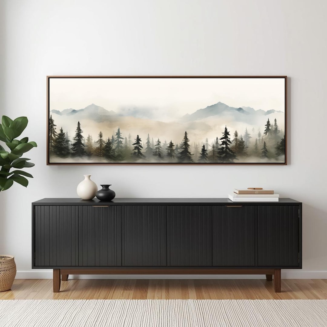 Foggy Forest Mountain Wall Art, Large Panoramic Neutral Landscape Print ...