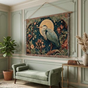 Heron Woven Tapestry Wall Hanging Dark Cottagecore Moonlit Landscape Vintage Botanical Bird Large Living Room Wall Art Moody Bedroom Decor