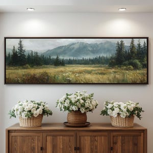 Art mural sur toile paysage de montagne panoramique, peinture prairie alpine, grande impression montagne forêt, décoration de cabane rustique, oeuvre d'art scénique verte