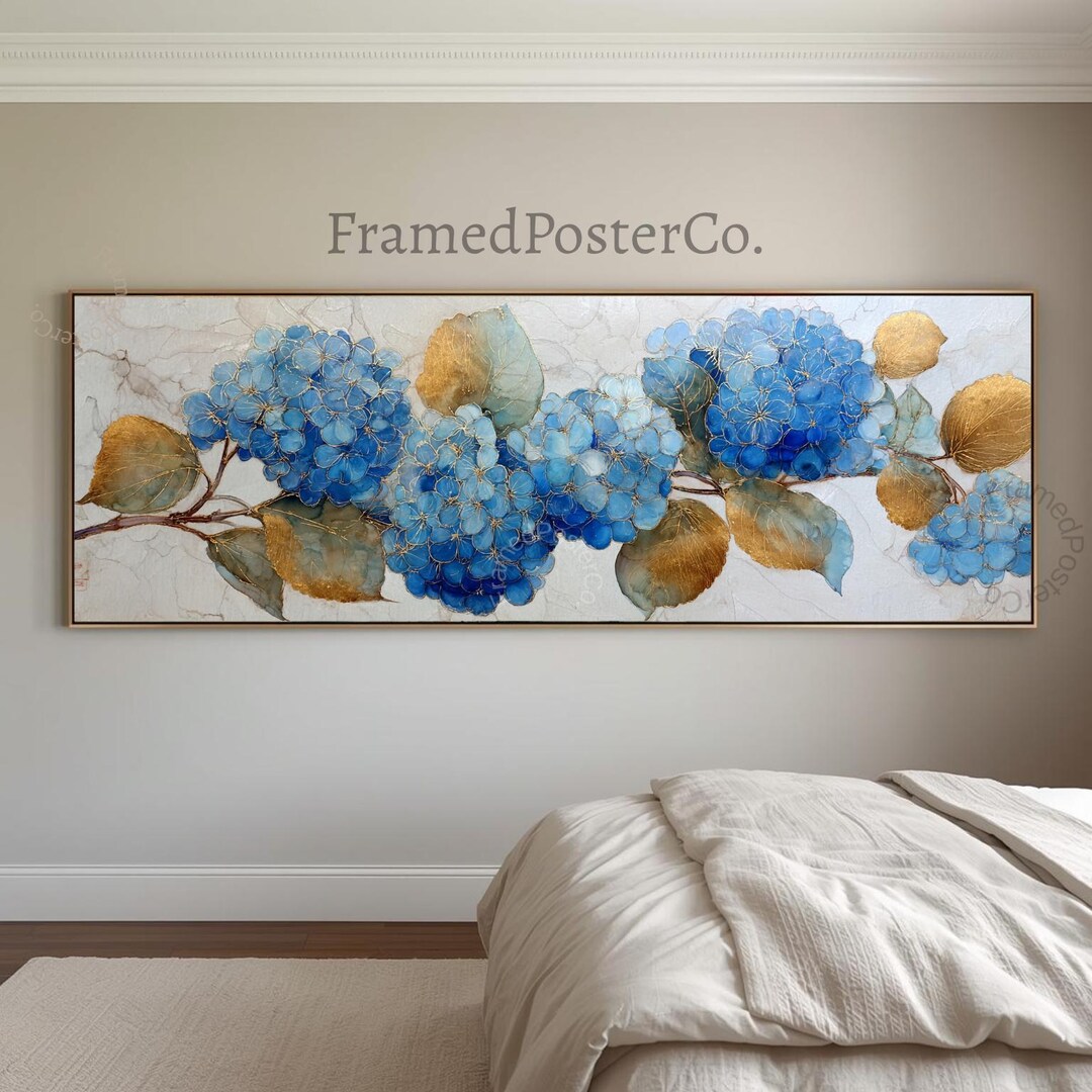Large Blue Hydrangea Canvas Wall Art Panoramic Neutral Navy Gold Floral ...
