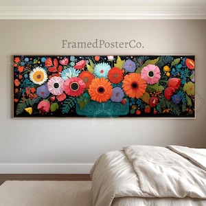 Dark Floral Panoramic Wall Art Canvas, Colorful Flower Still Life Painting, Moody Botanical Decor, Large Statement Art Above Bed Sofa