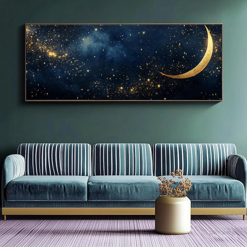 Crescent Moon and Stars Framed Canvas Wall Art Dark Academia Celestial ...