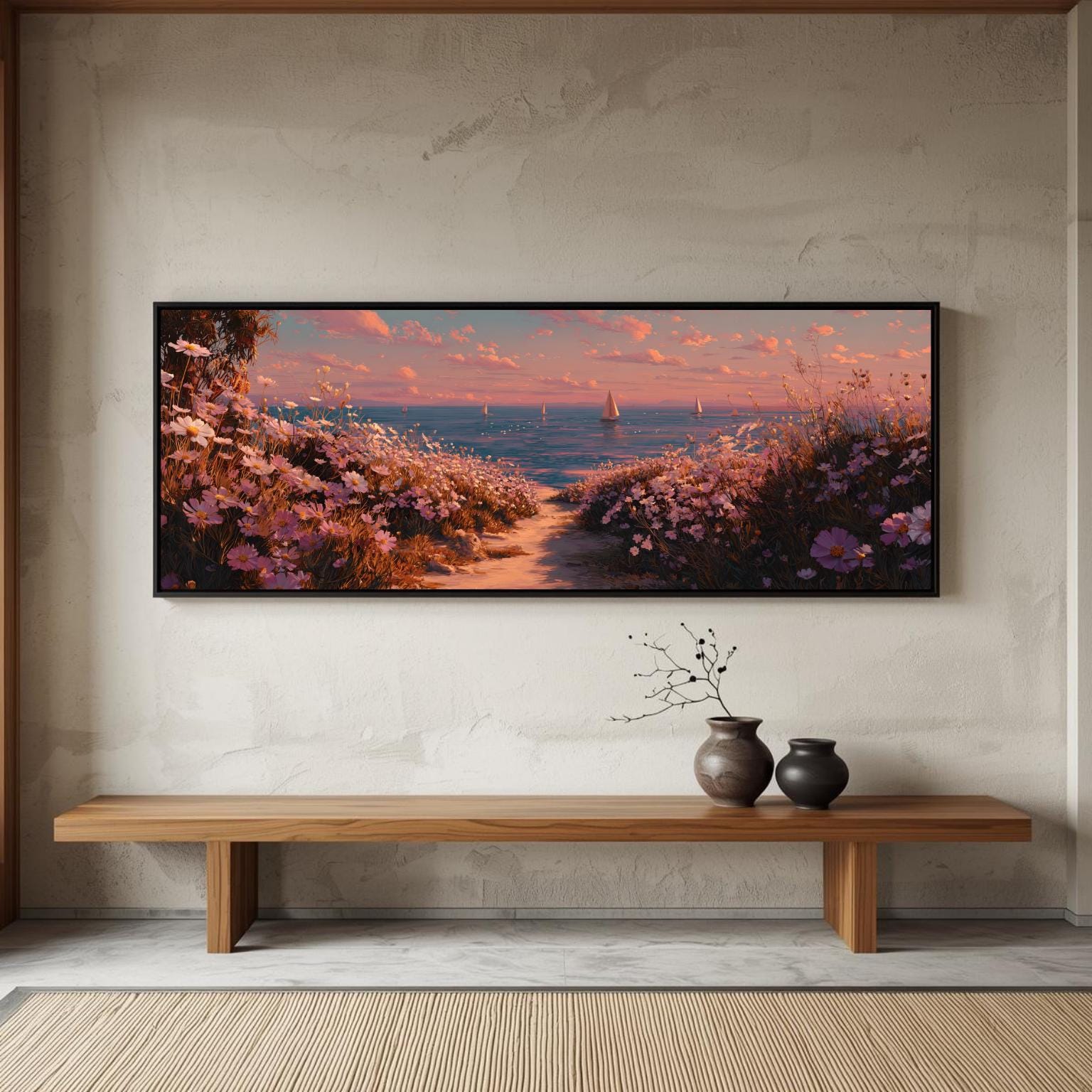 Panoramic Coastal Wildflower Canvas Wall Art, Sailboat Ocean