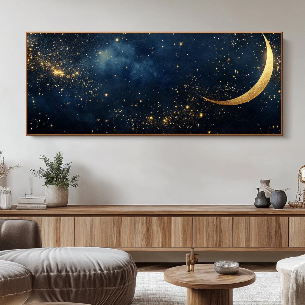 Crescent Moon and Stars Framed Canvas Wall Art Dark Academia Celestial ...