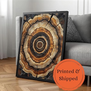 Boomring ingelijst canvas muurkunst rustiek hout gesneden kunst boomstam dwarsdoorsnede print groeiringen aardse natuur geïnspireerd boerderij decor