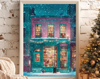 Cozy Winter Bookshop Wall Art Snowy Street Bookstore Print Christmas Book Lover Gift Warm Reading Nook Decor Winter Town Print Literary Art