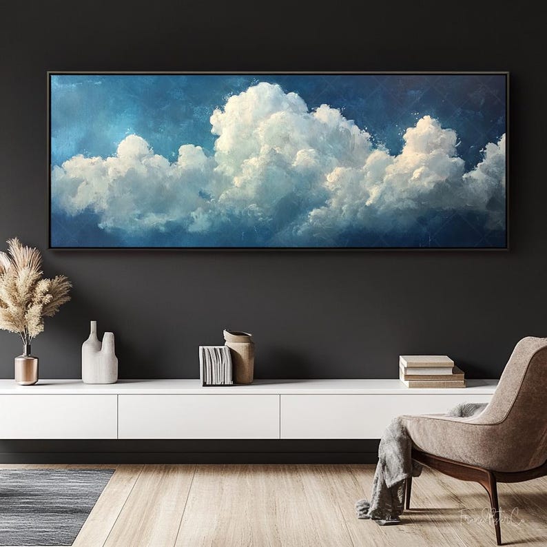 Minimal Cloud Wall Art Blue Sky Framed Canvas Calm Sky Painting Serene ...
