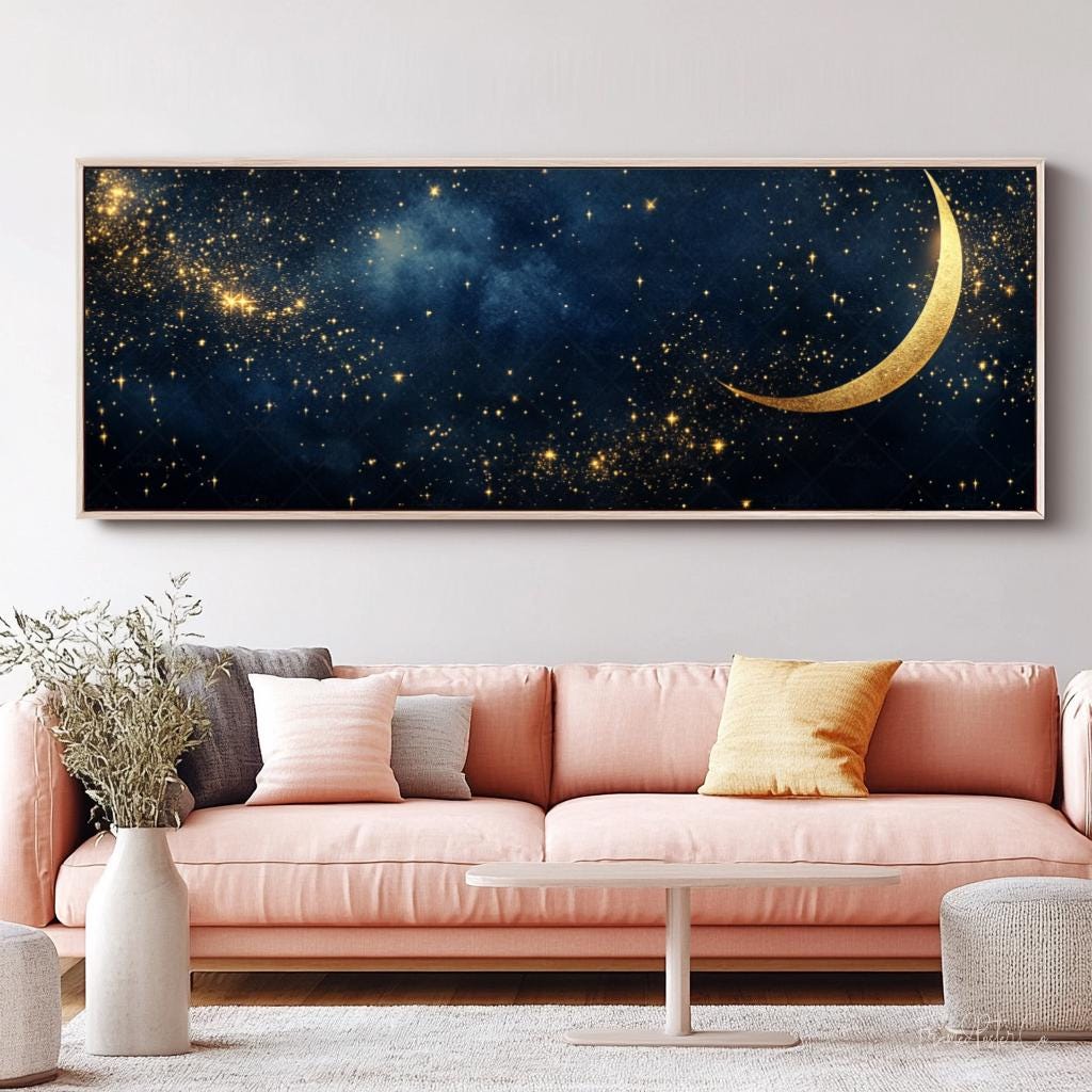 Crescent Moon and Stars Framed Canvas Wall Art Dark Academia Celestial ...