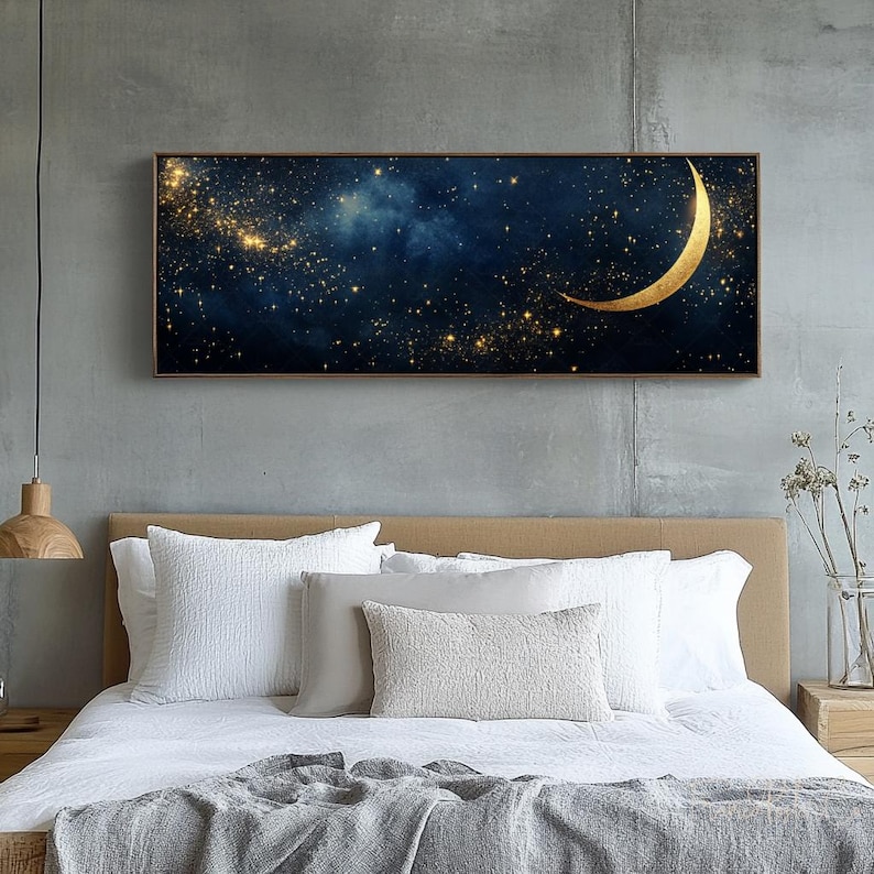 Crescent Moon and Stars Framed Canvas Wall Art Dark Academia Celestial ...