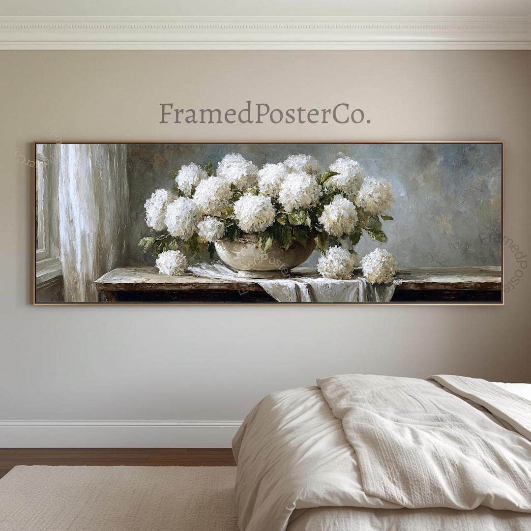 Large Panoramic White Hydrangea Wall Art Canvas, Vintage Floral Still ...