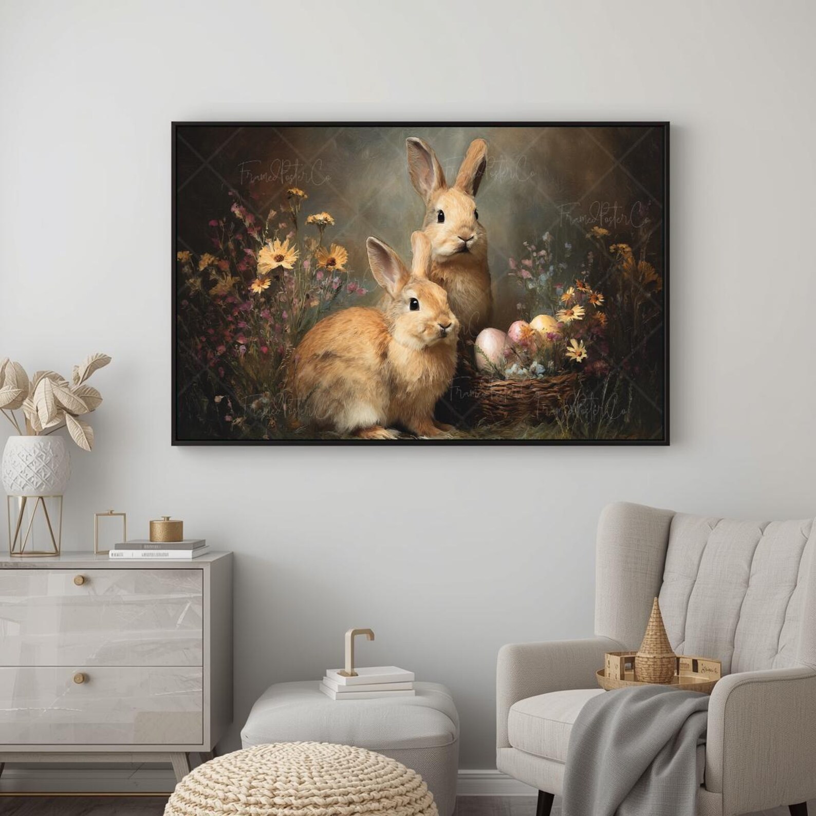 Spring Rabbits Floral Artwork Easter Bunny Wall Art Print Cottage ...