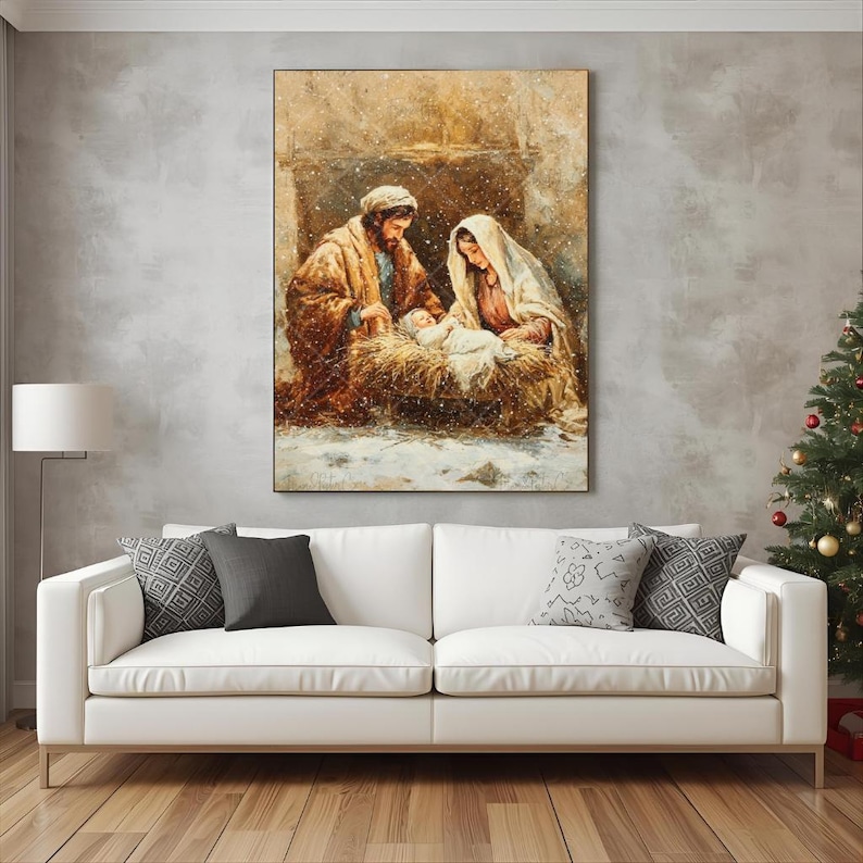 Vintage Nativity Scene Wall Art Holy Family in Wooden Manger Baby Jesus ...