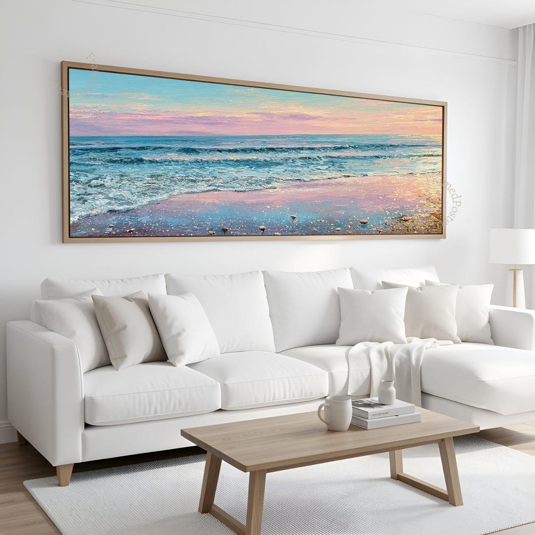 Pastel Beach Sunset Wall Art Panoramic Canvas, Coastal Ocean Waves ...