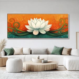 Indischer Lotus Wandkunst Weiße Lotusblume Illustration gerahmte Leinwand Druck spirituelle Blumendekor Orange-Türkis botanische Druck Meditation Kunst