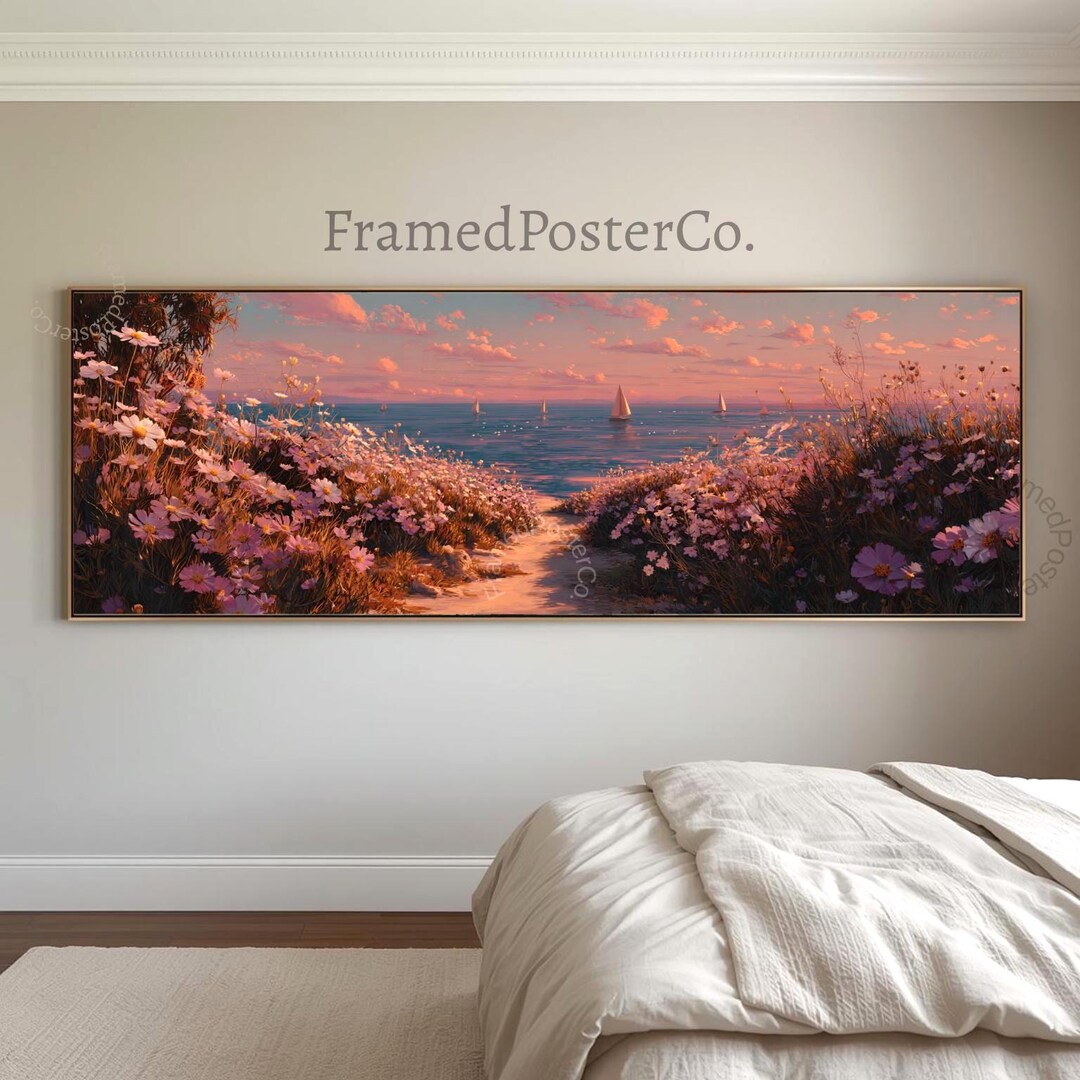 Panoramic Coastal Wildflower Canvas Wall Art, Sailboat Ocean