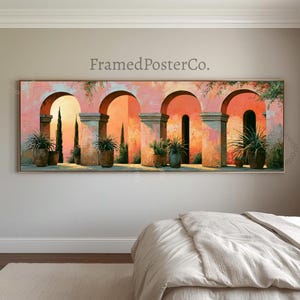 Sonnenuntergangsterrasse, Wandkunst, mediterraner Innenhof, Leinwanddruck, Stuckbogen, Terrakottatöpfe und Agavenpflanzen, Panorama-Landschaftsdekoration