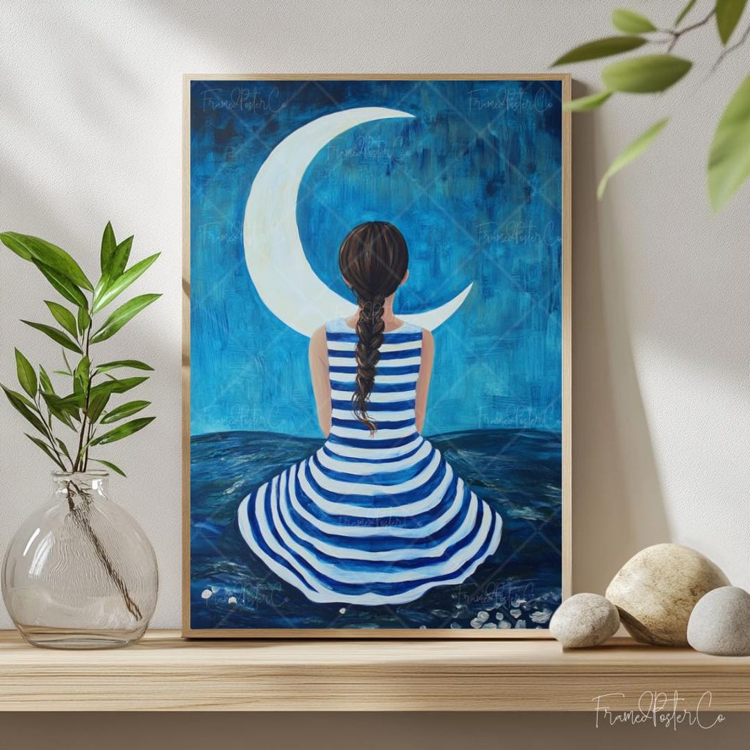 Moon and Girl Art Print Dreamy Night Sky Painting Girl in Striped Dress ...