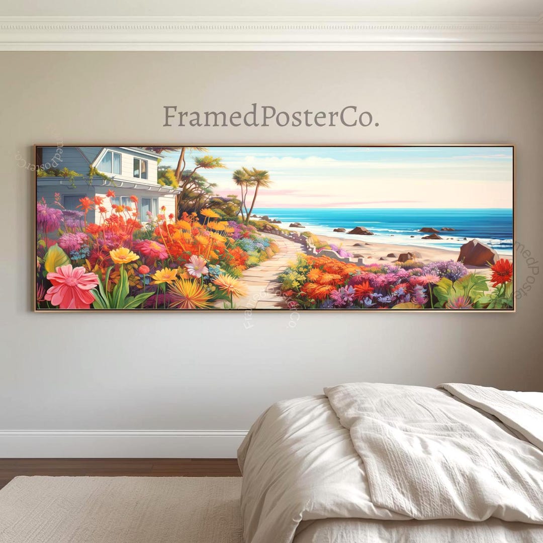 Coastal Cottage Garden Beach Canvas Wall Art, Panoramic Ocean House ...