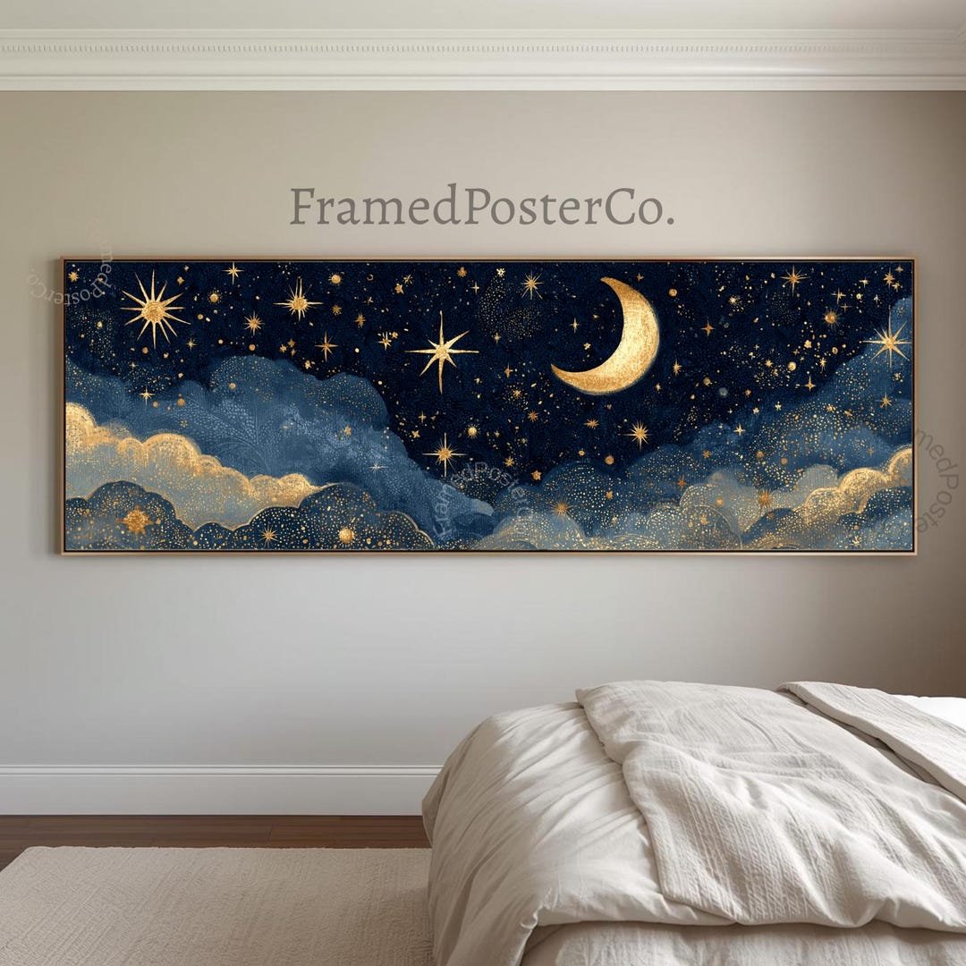 Celestial Moon and Stars Wall Art Panoramic Canvas, Navy Blue Gold ...