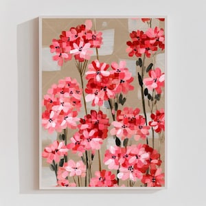 Pink Striped Flowers Framed Canvas Print Cottagecore Botanical Painting Pink Grandmillennial Decor Vintage Flower Poster Wildflower Print