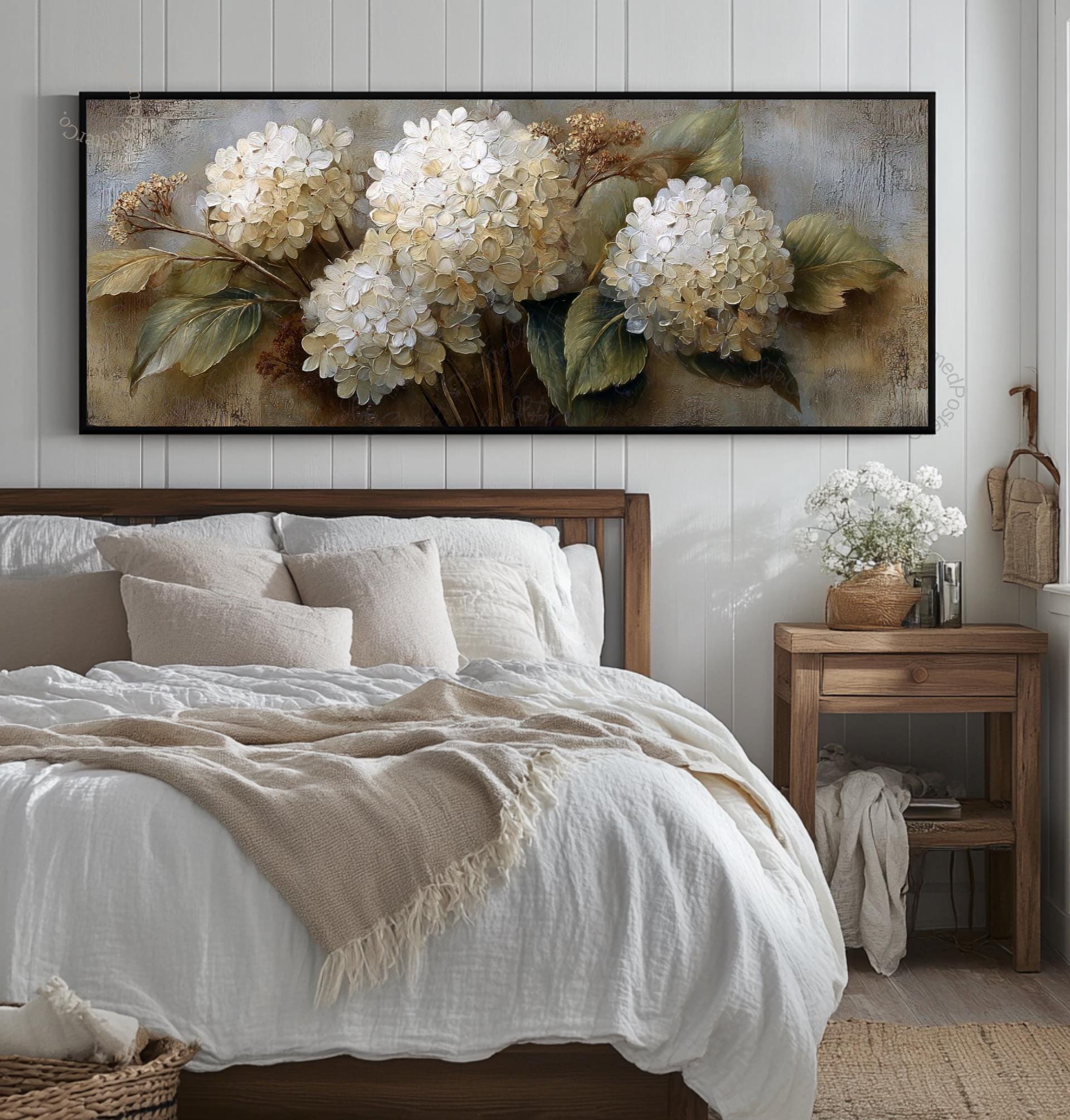 Panoramic Hydrangea Flower Painting Neutral Hydrangea Canvas Wall Art ...