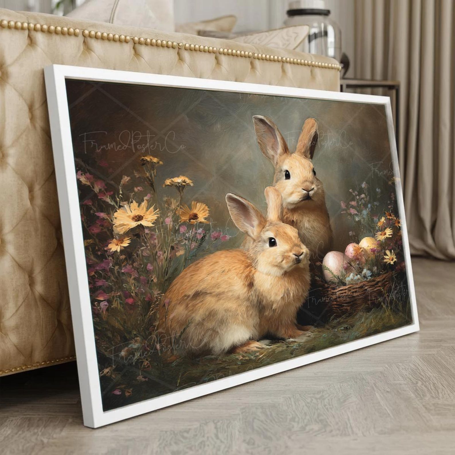 Spring Rabbits Floral Artwork Easter Bunny Wall Art Print Cottage ...
